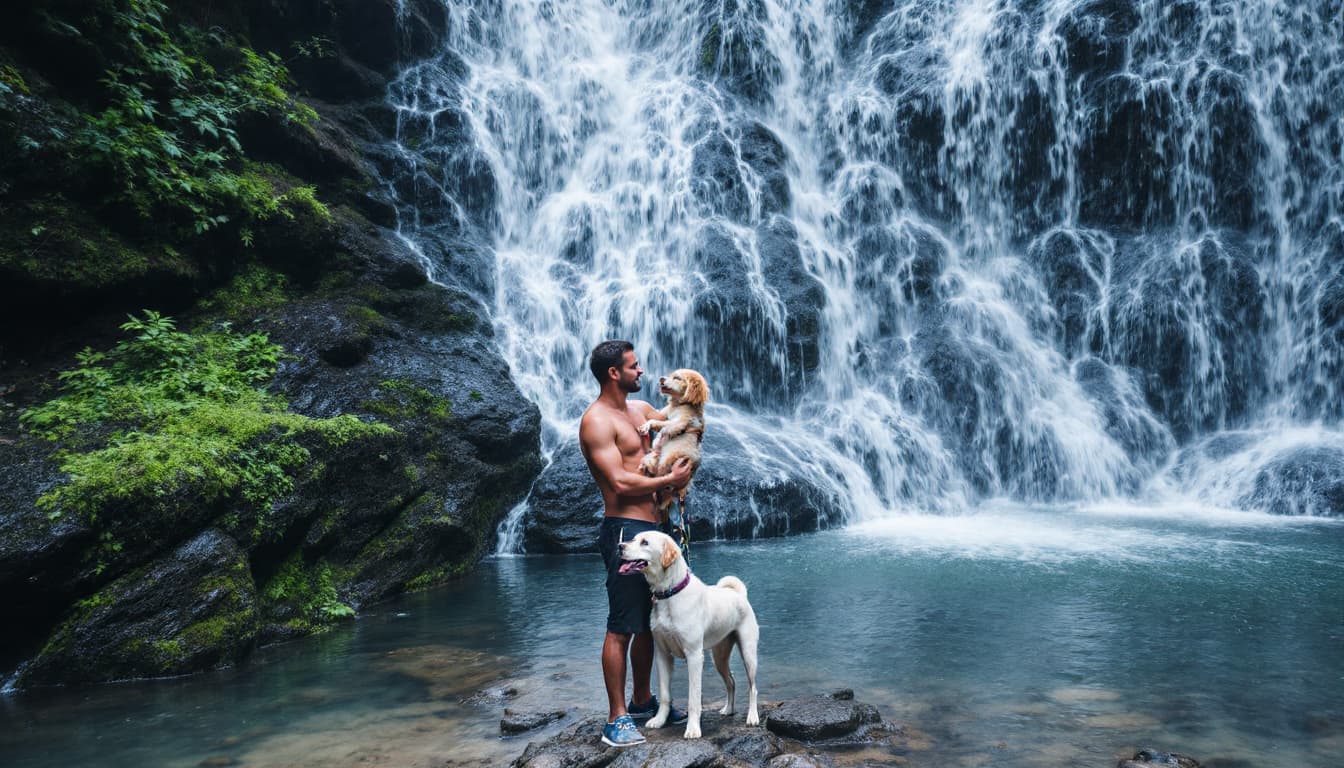 AI generated: A man in waterfall with pet