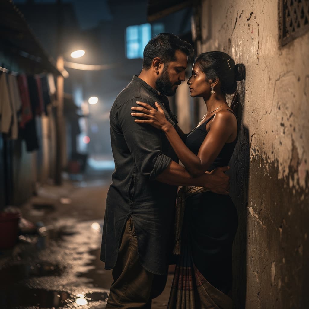 AI generated: night in Indian slum :-a romantic scene A 46 years old brown skin warrior man husband with her stron...