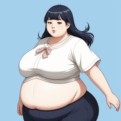 AI generated: Korean Anime-like girl with fat body, huge belly, fatter face and triple chin