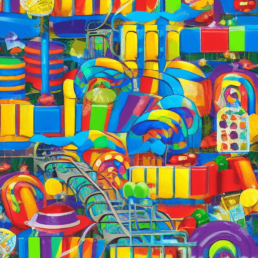AI generated: Children's book illustration of Willy Wonka's candy factory in a naturalistic collage texture.