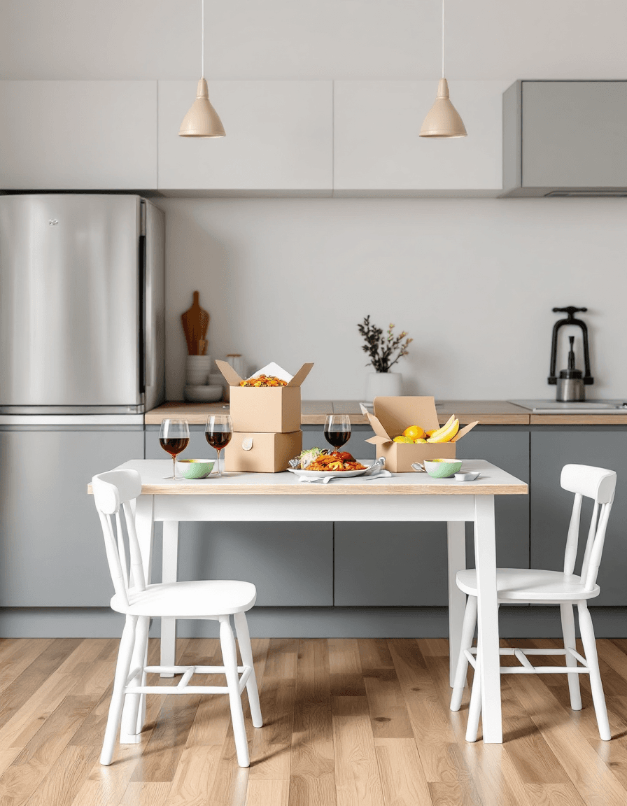 AI generated: A modern minimalistic grey kitchen with stainless steel appliances and wooden floor, a rectangular w...