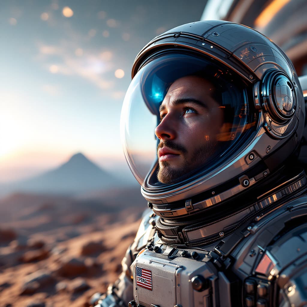 AI generated: astronaut exploring an alien planet beyond our solar system, awestruck expression visible through tr...