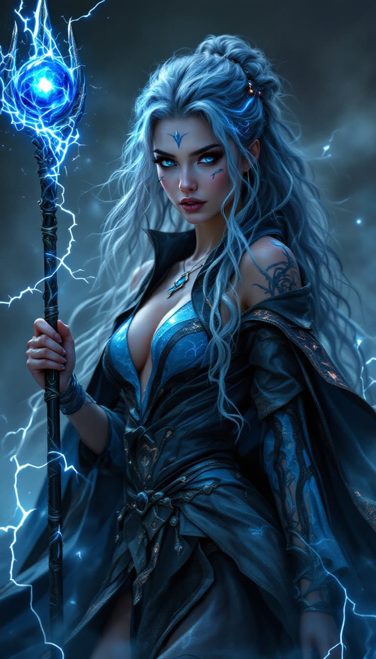 AI generated: An ultra-realistic, full-body portrait of a captivating storm priestess woman, radiating raw power a...