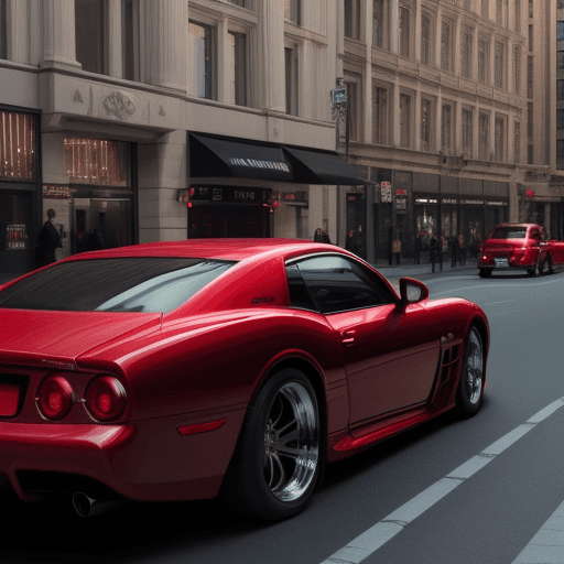 AI generated: crimson [car name] in big city - crimson car in a big city