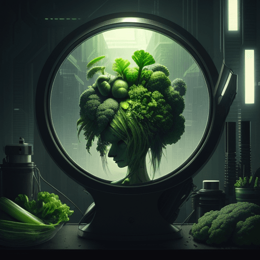 AI generated: vegan and vegetarian art, cyberpunk, mindfulness, peacefulness, health, calm, vegetables, greens