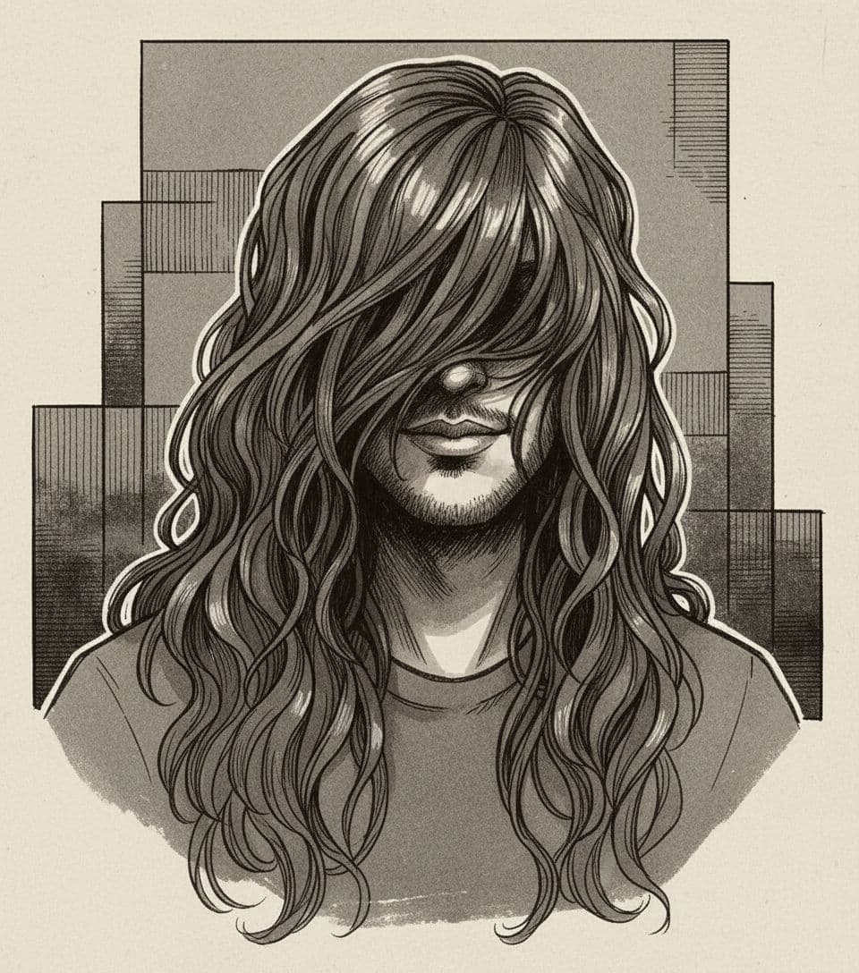 AI generated: a drawing with a man with long hair covering his face, in the style of oliver wetter, paul hedley, w...