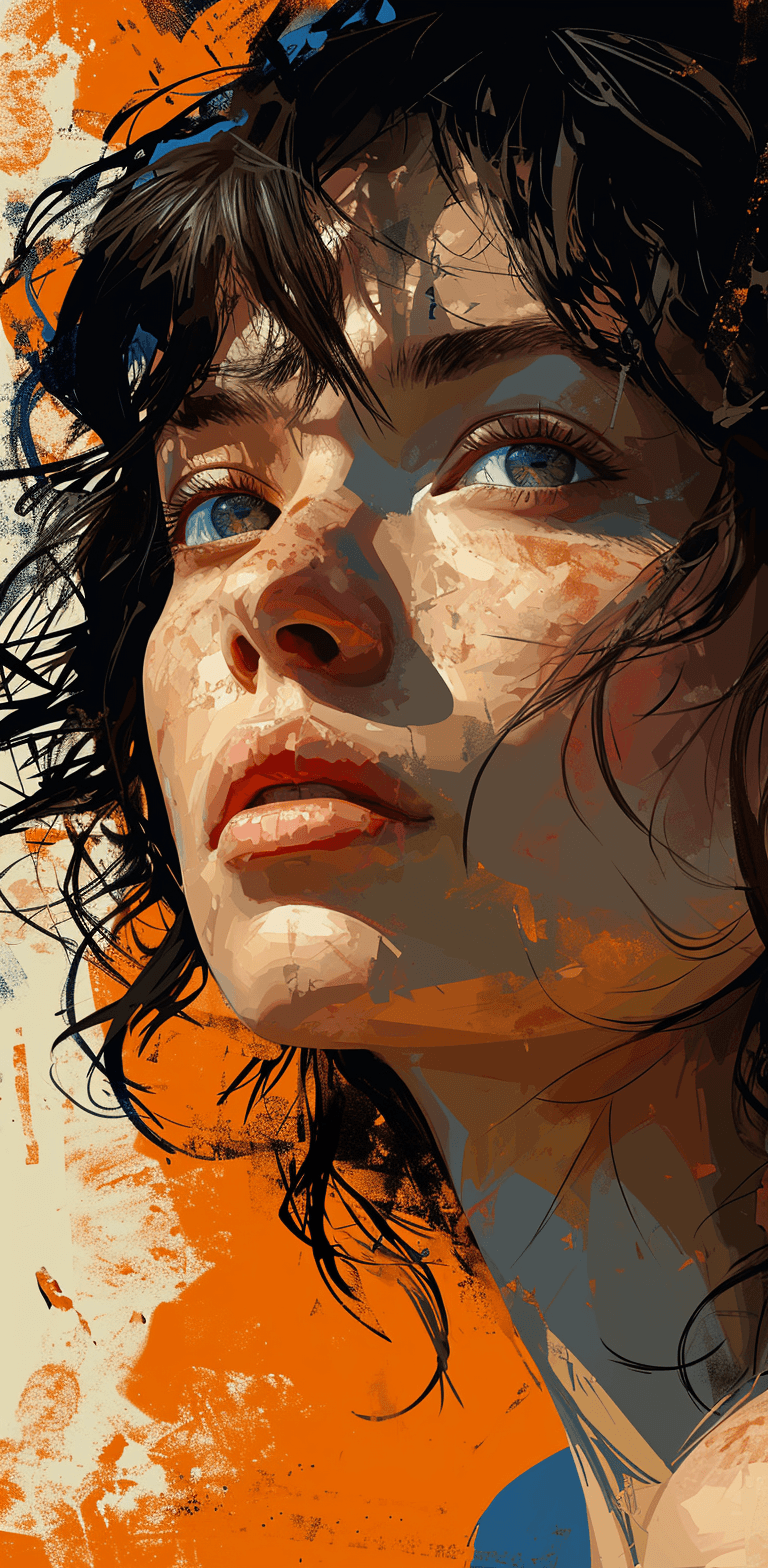 AI generated: an illustration of a woman's face with an orange background, in the style of detailed comic book art...