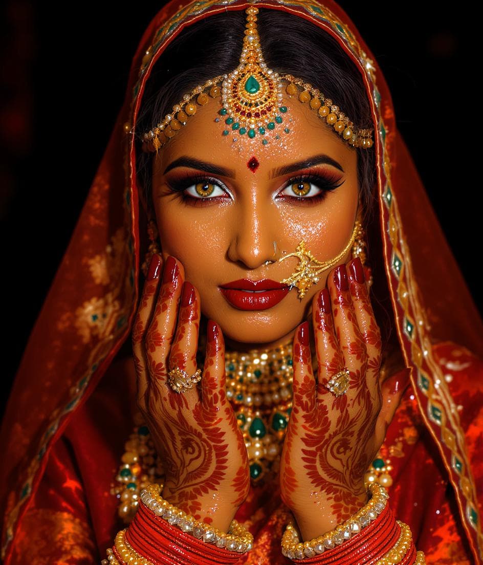 AI generated: a beautiful Indian bride in traditional wear showing her hands and henna designs, photorealistic, ul...