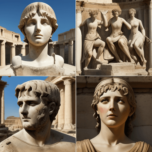 AI generated: Composition four images about ancient Rome. You can use people and wars. Do it realistic and romanti...