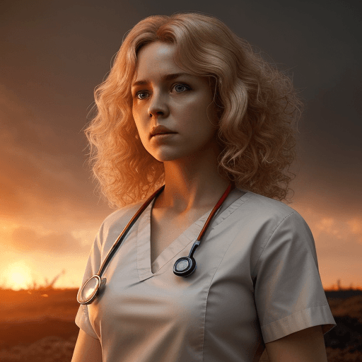 AI generated: Superhero, nurse, woman, surrounded by fire, nurse clothes, blonde curly hair. Photo of a ultra real...