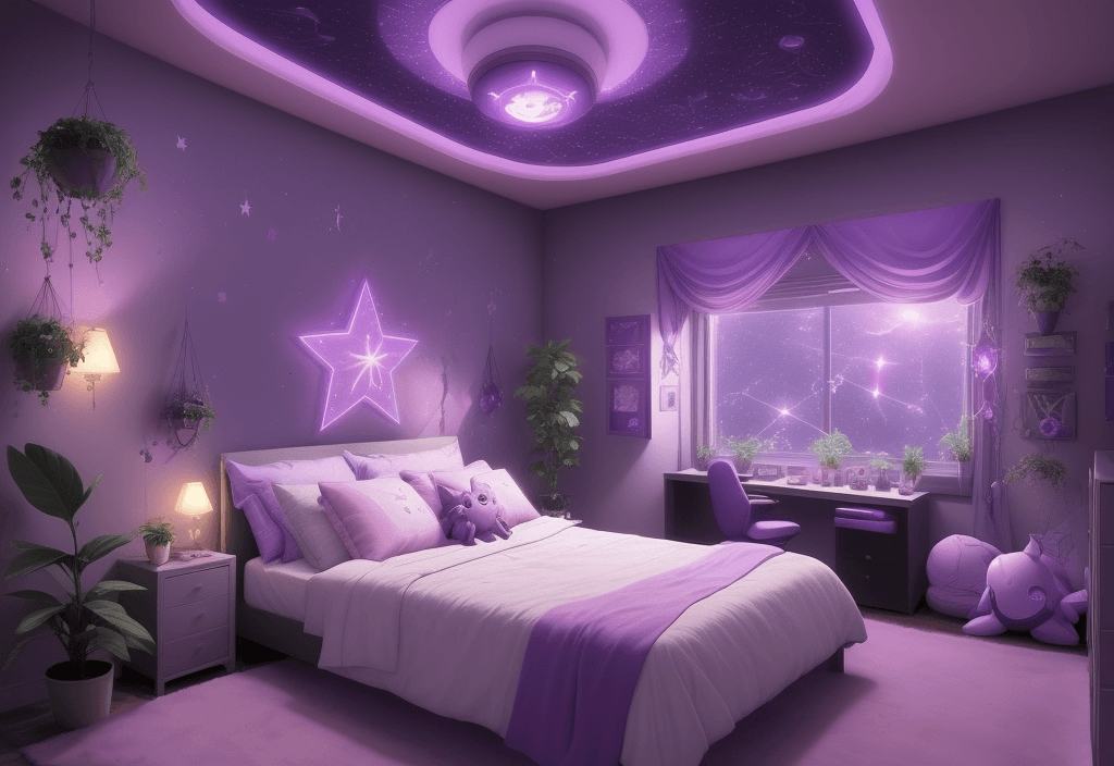 AI generated:  aesthetic spaceship bedroom, anime style, night, plants, cute, purple soft star lights, calendar on...