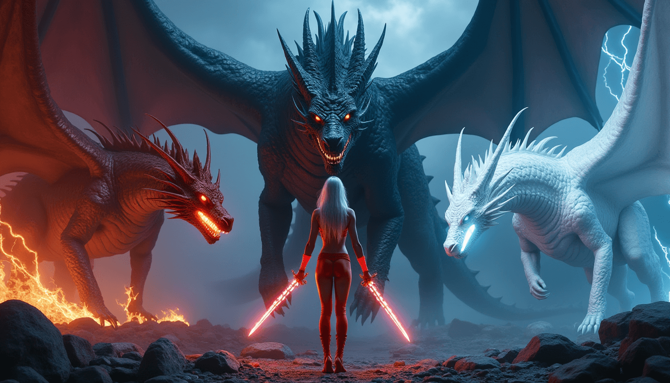 AI generated: three evil and photorealistic Dragons, the Middle one is black and the Biggest with ice cold blue ey...