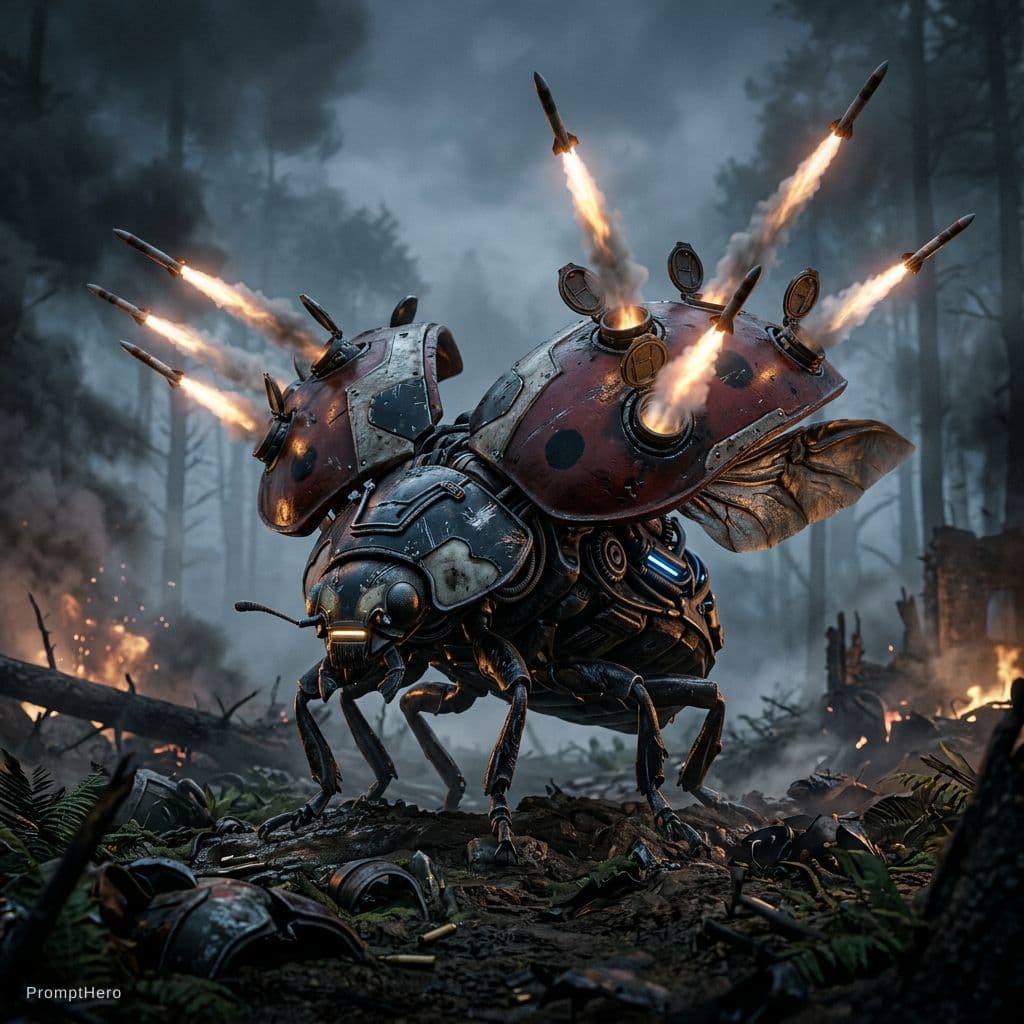 AI generated: A biomechanical warrior ladybug, its body a perfect fusion of organic and synthetic elements, adorne...