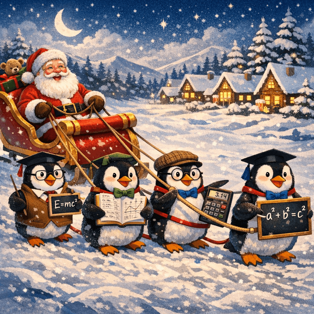 AI generated: papa noel en un trineo tirado por pinguinos, los pinguinos son profesores de mates