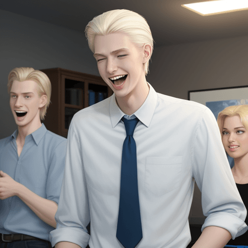 AI generated:  young tall man , white, blonde hair, blue shirt, laughing at black people, pixar