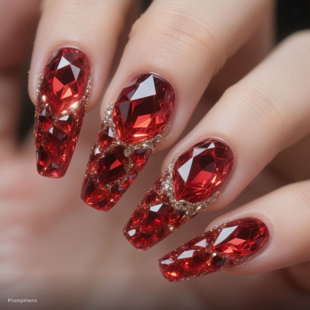 AI generated: A photorealistic luxurious nail art design inspired by radiant ruby gemstones. The nails should have...
