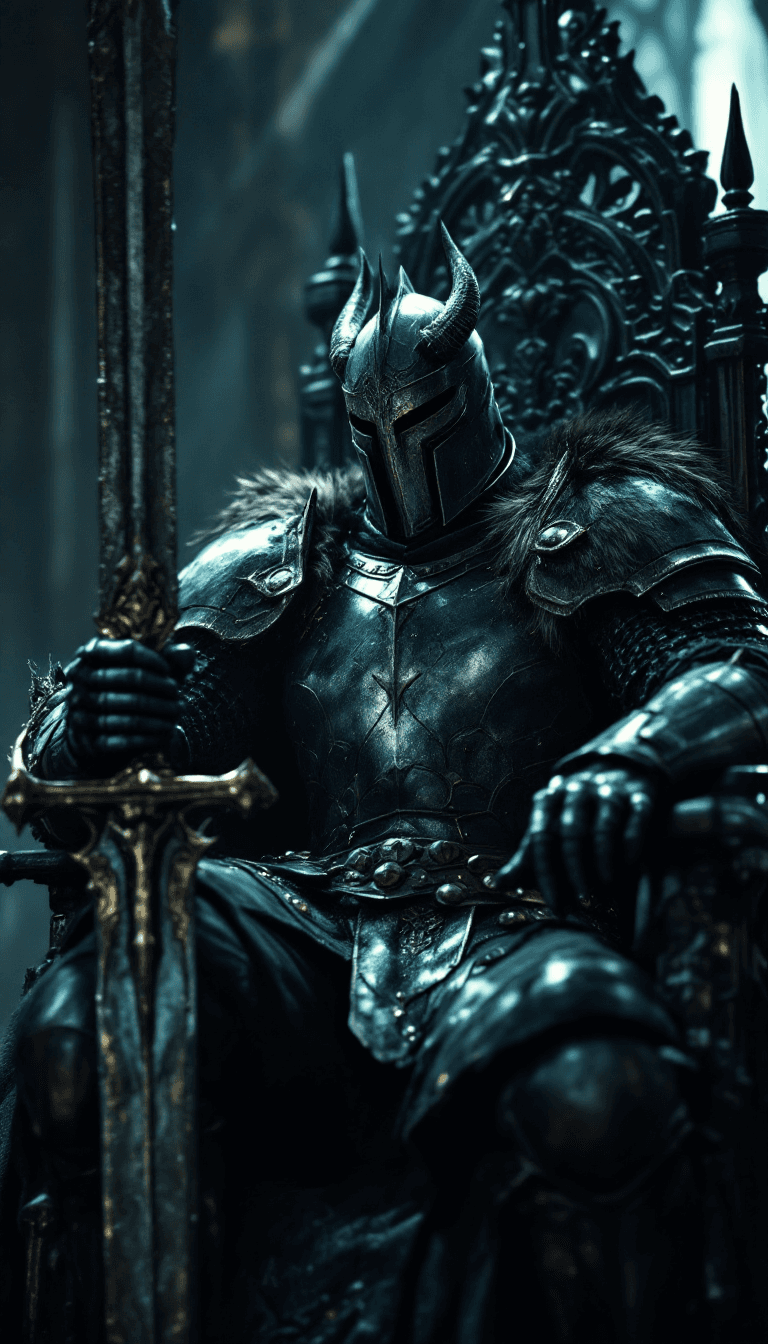 AI generated: A dark armored knight sitting on a gothic throne, gripping a massive broadsword with both hands, onl...