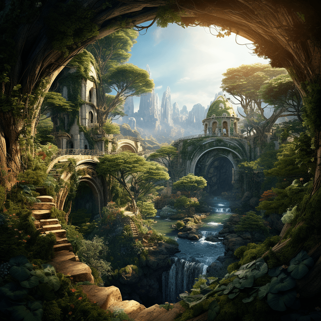 AI generated: the landscape of the world of art fairy, wallpaper, wall, in the style of 32k uhd, natural light, pa...