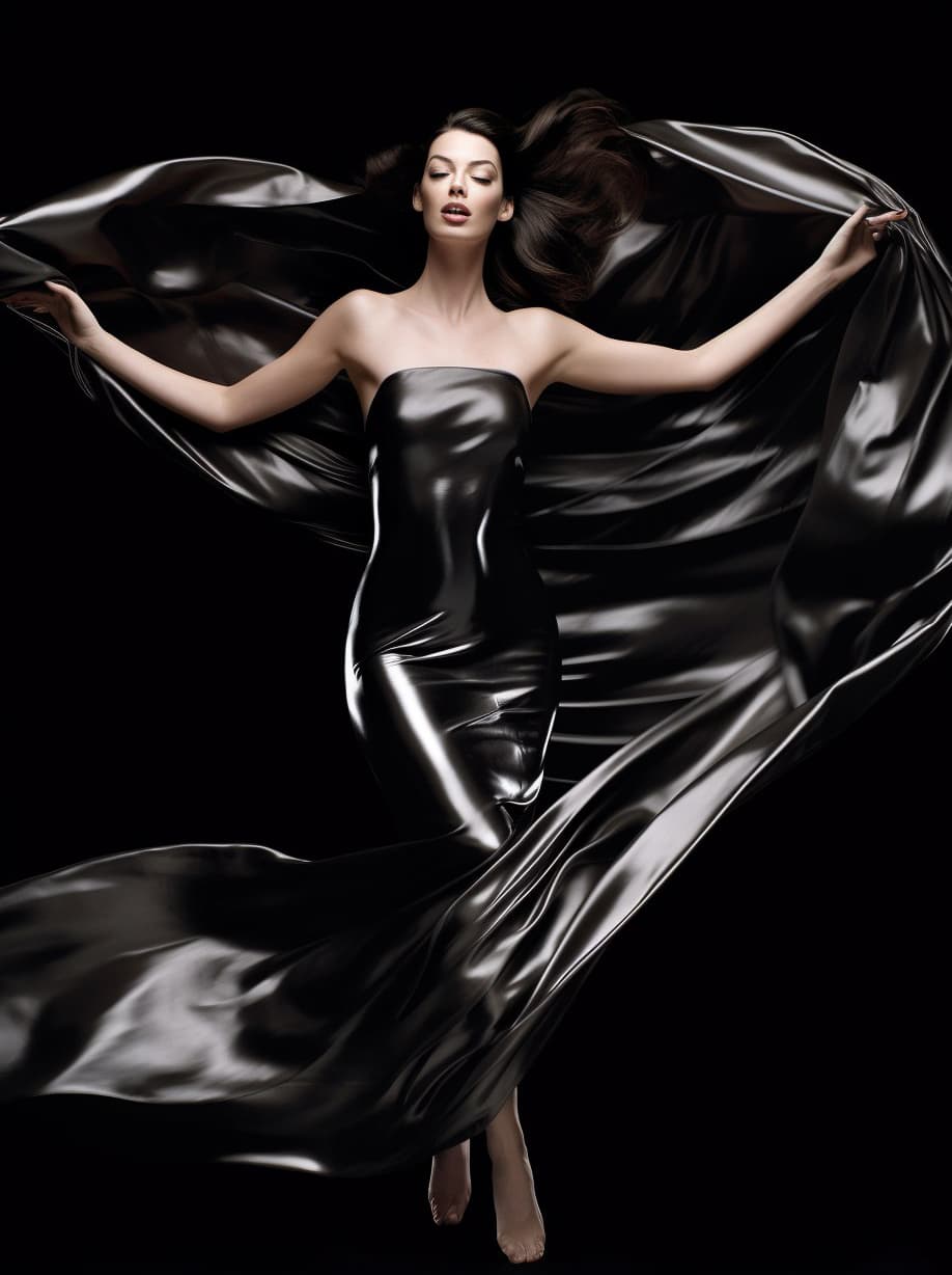 AI generated: a woman in a black dress posing for a picture, latex skin, editorial story, flowing dress, pits, ann...