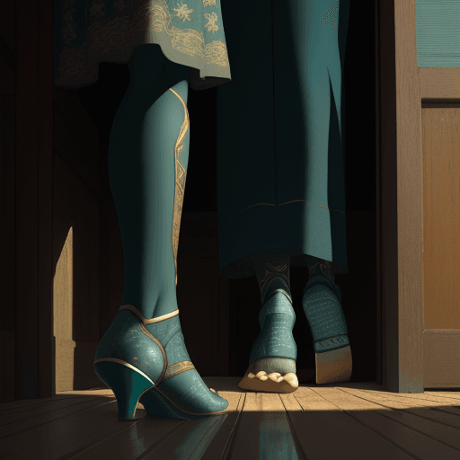 AI generated: A pair of shoed feet stepping through the threshold Close-up, illustration, rural interior, cold lig...