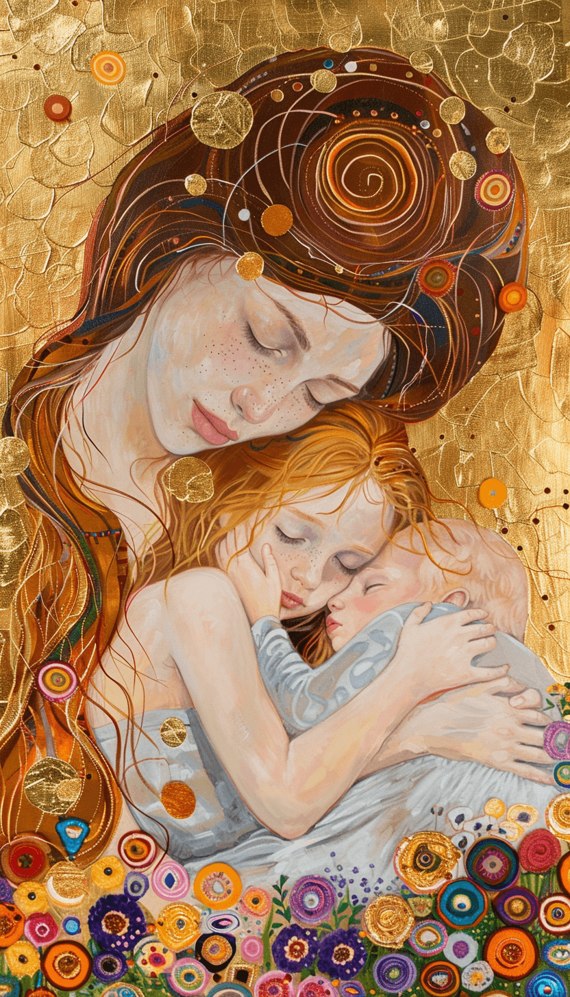 AI generated: a painting of a beautiful woman and child in a field of flowers, in the style of Gustav Klimt. When ...