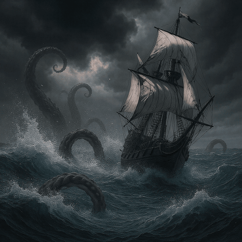 AI generated: A stormy sea with a pirate ship battling giant tentacles emerging from the waves — dynamic action sc...