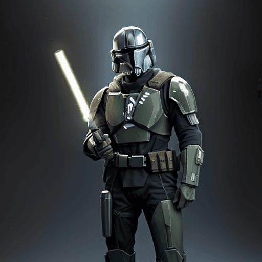 AI generated: halo soldier/mandalorian. in a forist with a darck light saber.
