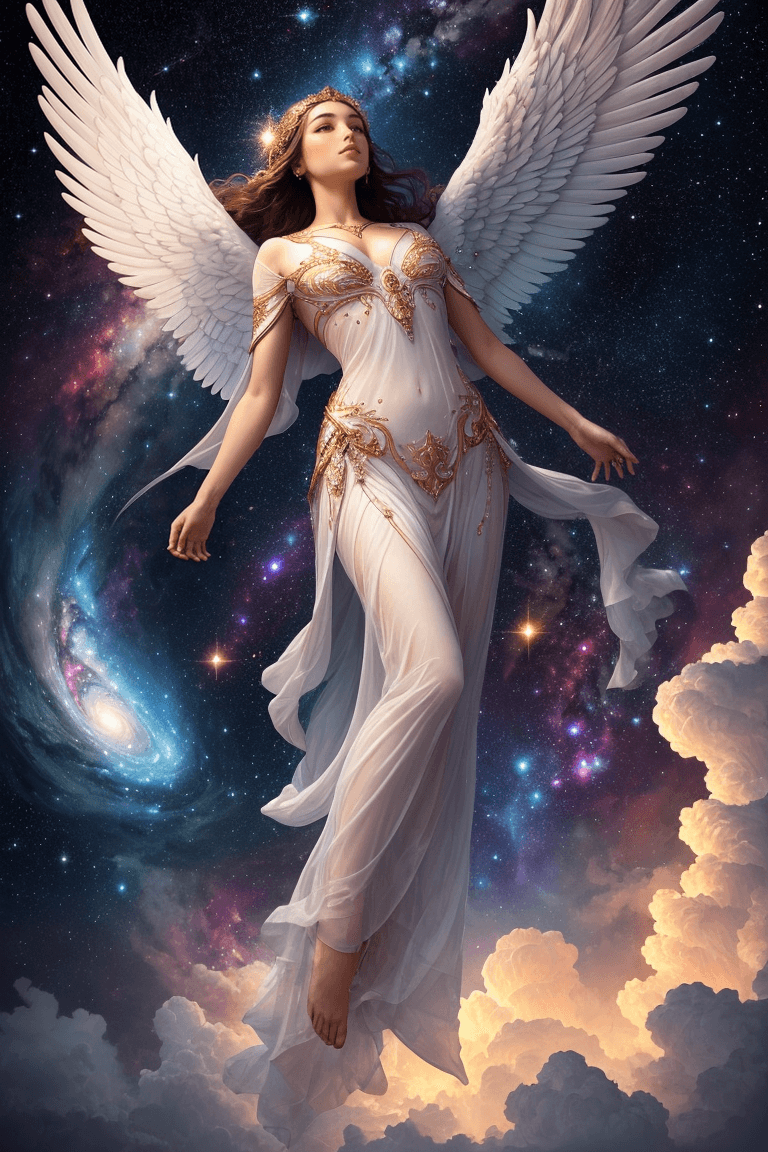 AI generated: ((Best quality)), ((masterpiece)), (detailed), an awe-inspiring portrayal of a celestial, ethereal f...