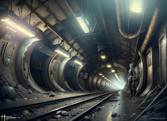 AI generated: painting of a post scenery at metro lowest level, underground, dark, rails, ultra realistic, concept...
