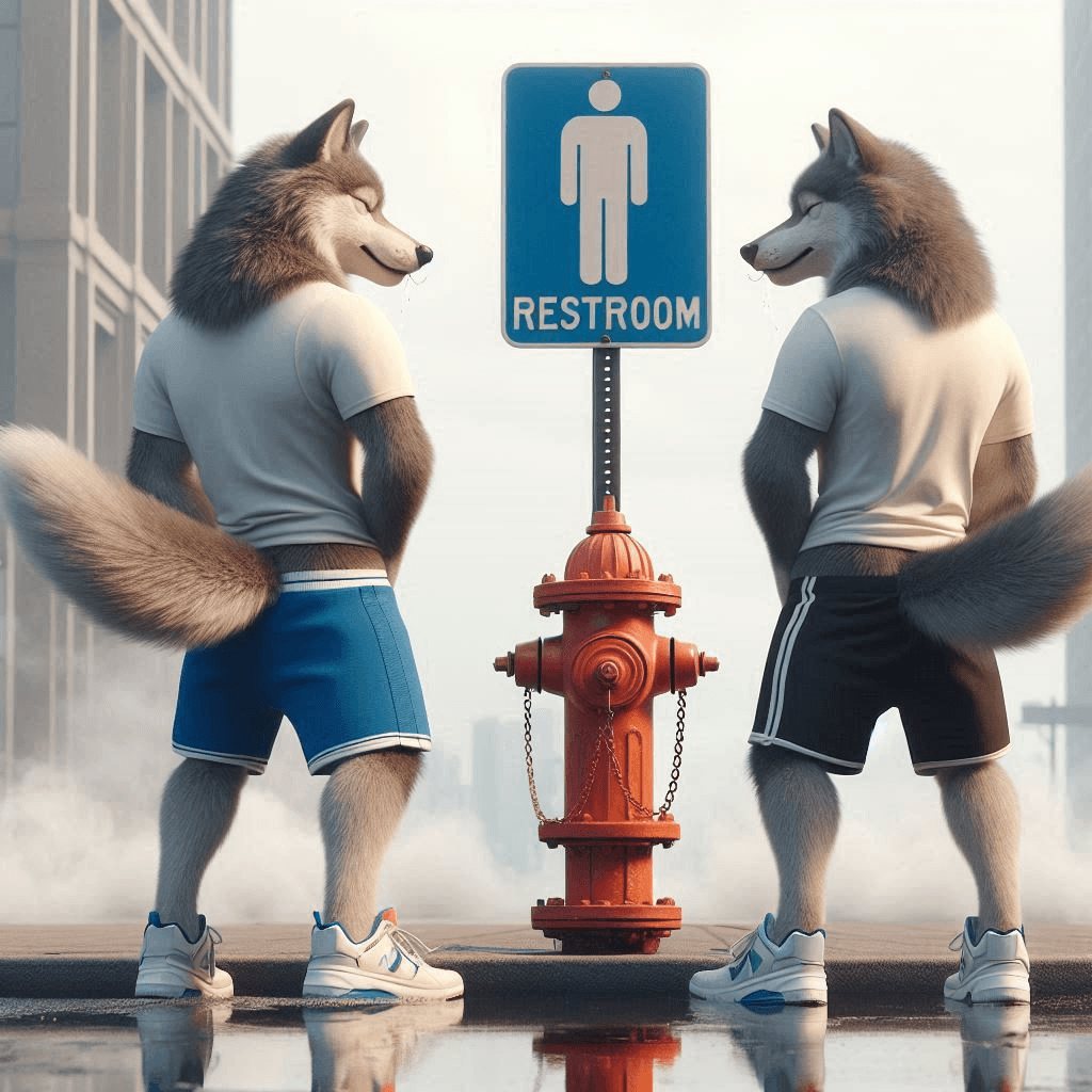 AI generated: Close-up professional cinematic 3D animation of two long-furred wolves in gym shorts and shirts stan...