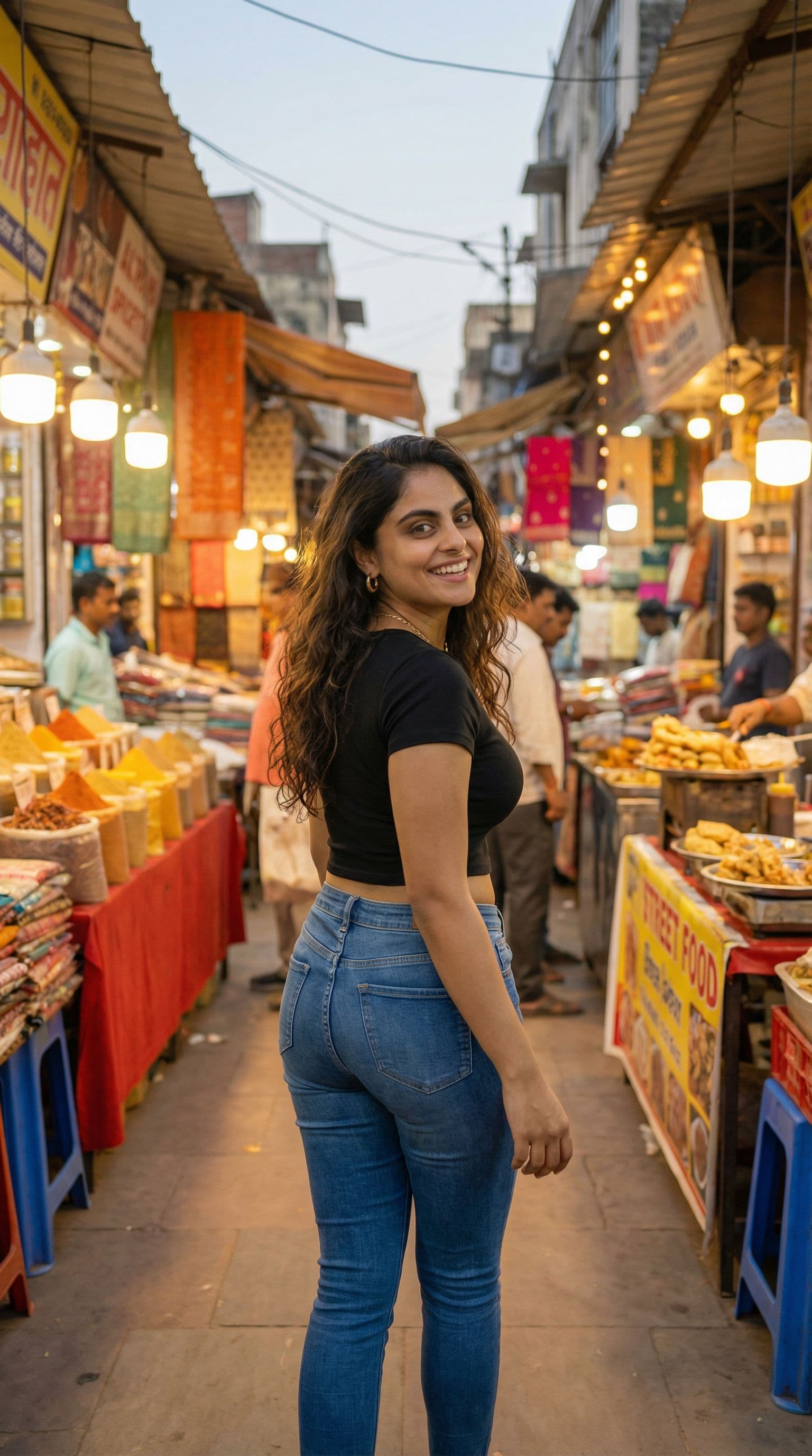 AI generated: Have her walking away looking back smiling wear half top and fit jeans change location some from ind...