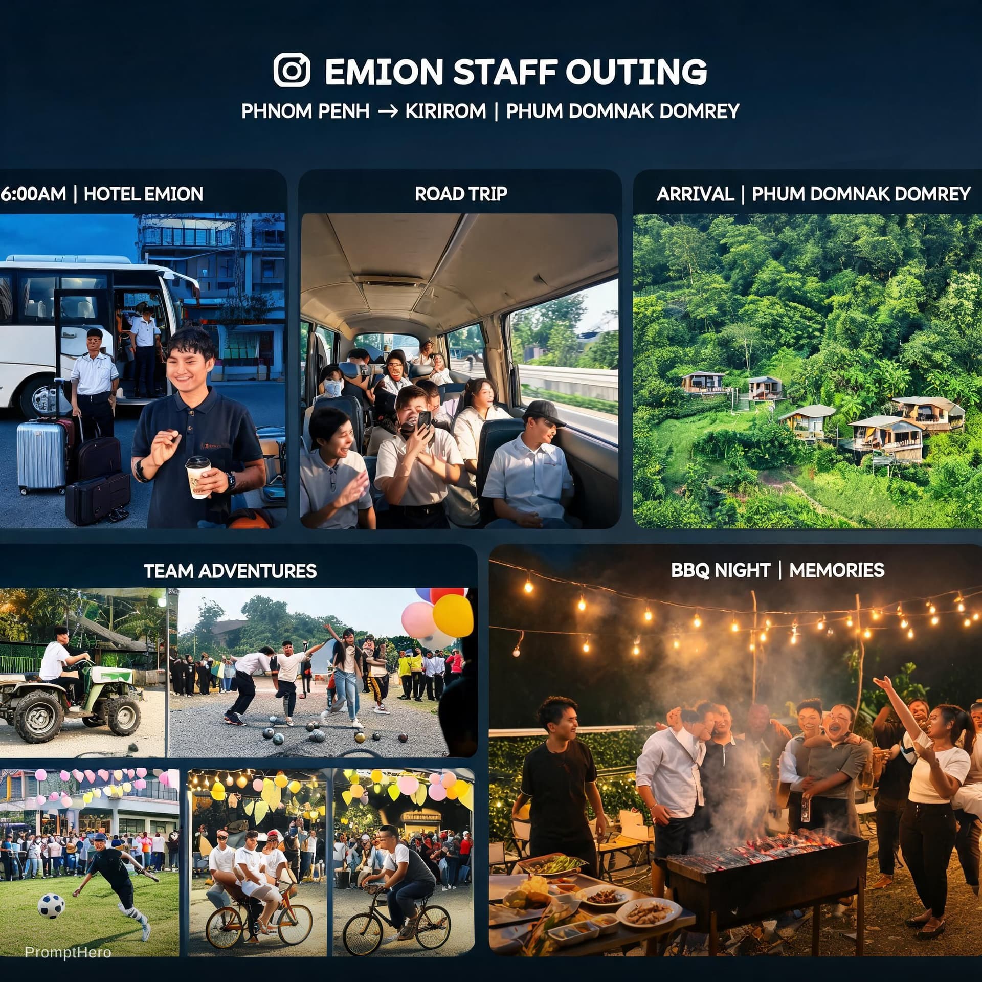 AI generated: Create a cinematic and emotional travel vlog for a hotel staff outing trip from Phnom Penh to Phum D...