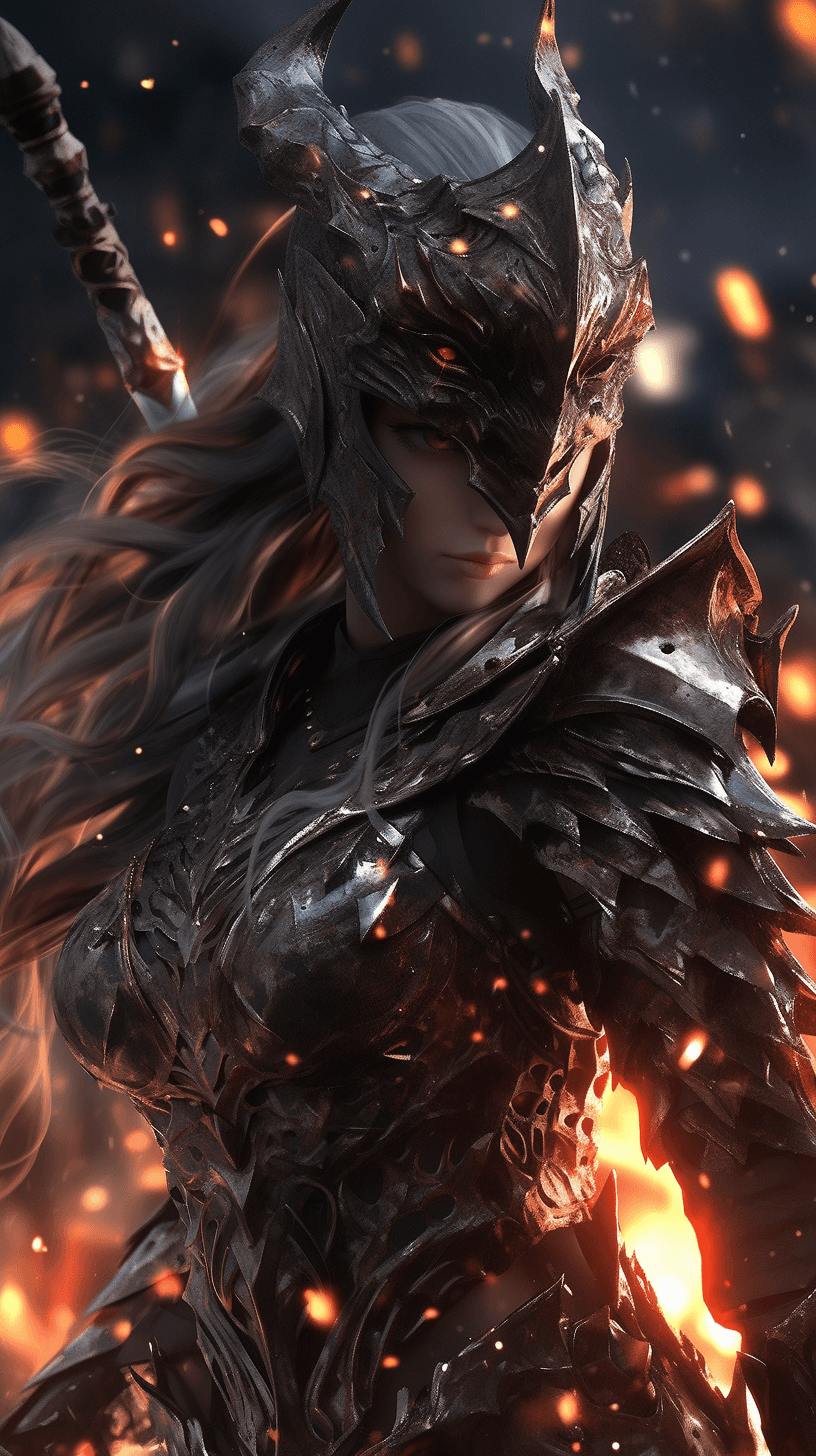 AI generated: Realistic women with black scary armor, Holding fire Sword,human face,long hair, perfectly detailed ...