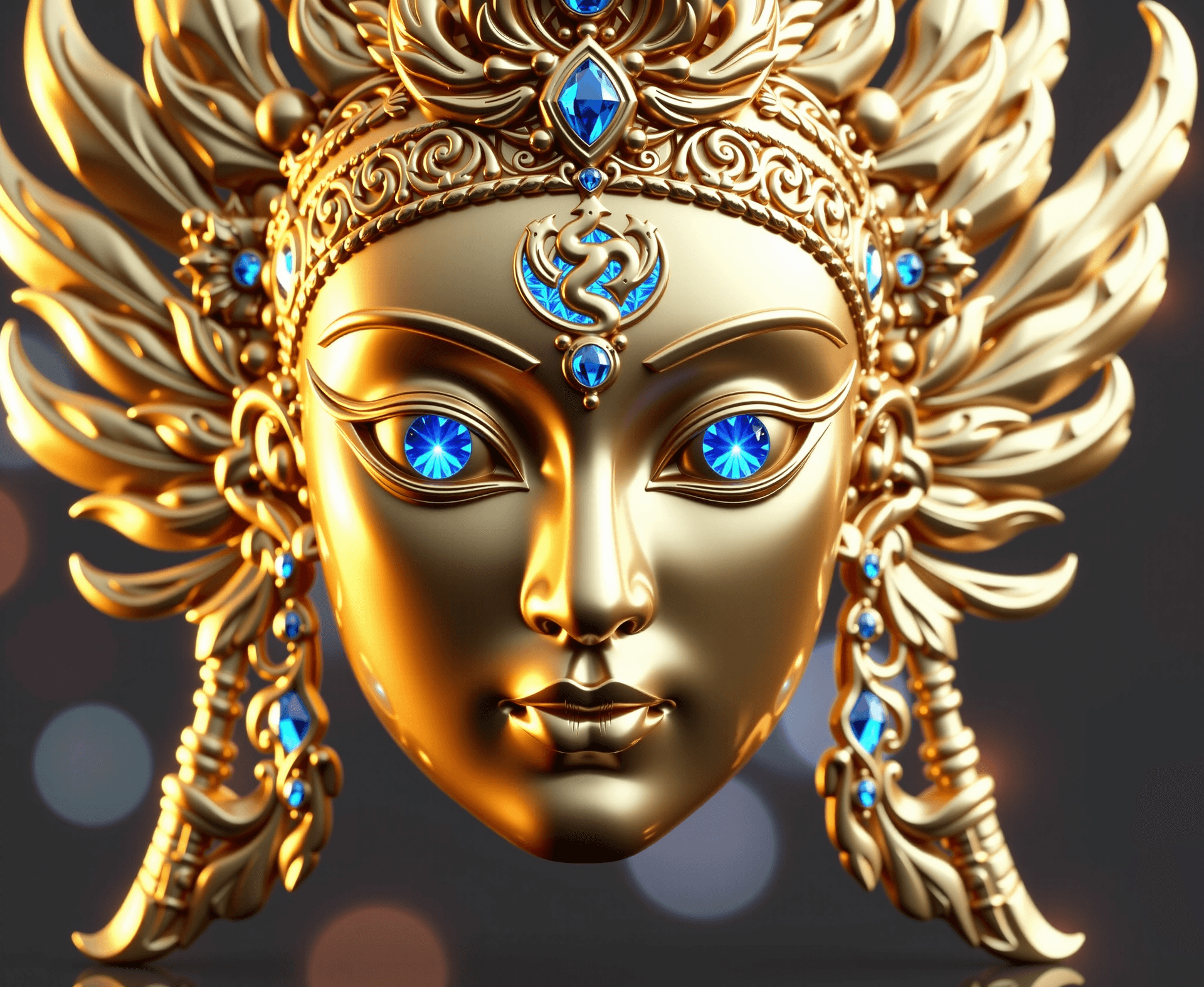 AI generated: A resplendent divine mask, its flawless golden surface pulsates with celestial energy, exquisite sac...