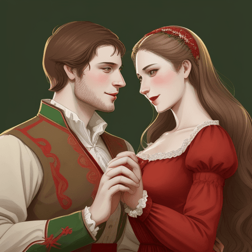 AI generated: young and happy husband and wife Peter and Fevronia in Russian traditional costumes, in red tones, c...