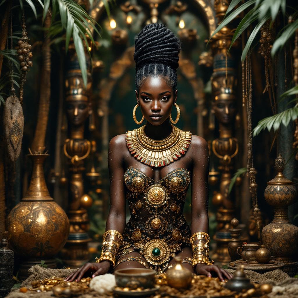 AI generated: A queen in an ancientI African Style  shrine in the middle of the rain forest adorned with African a...