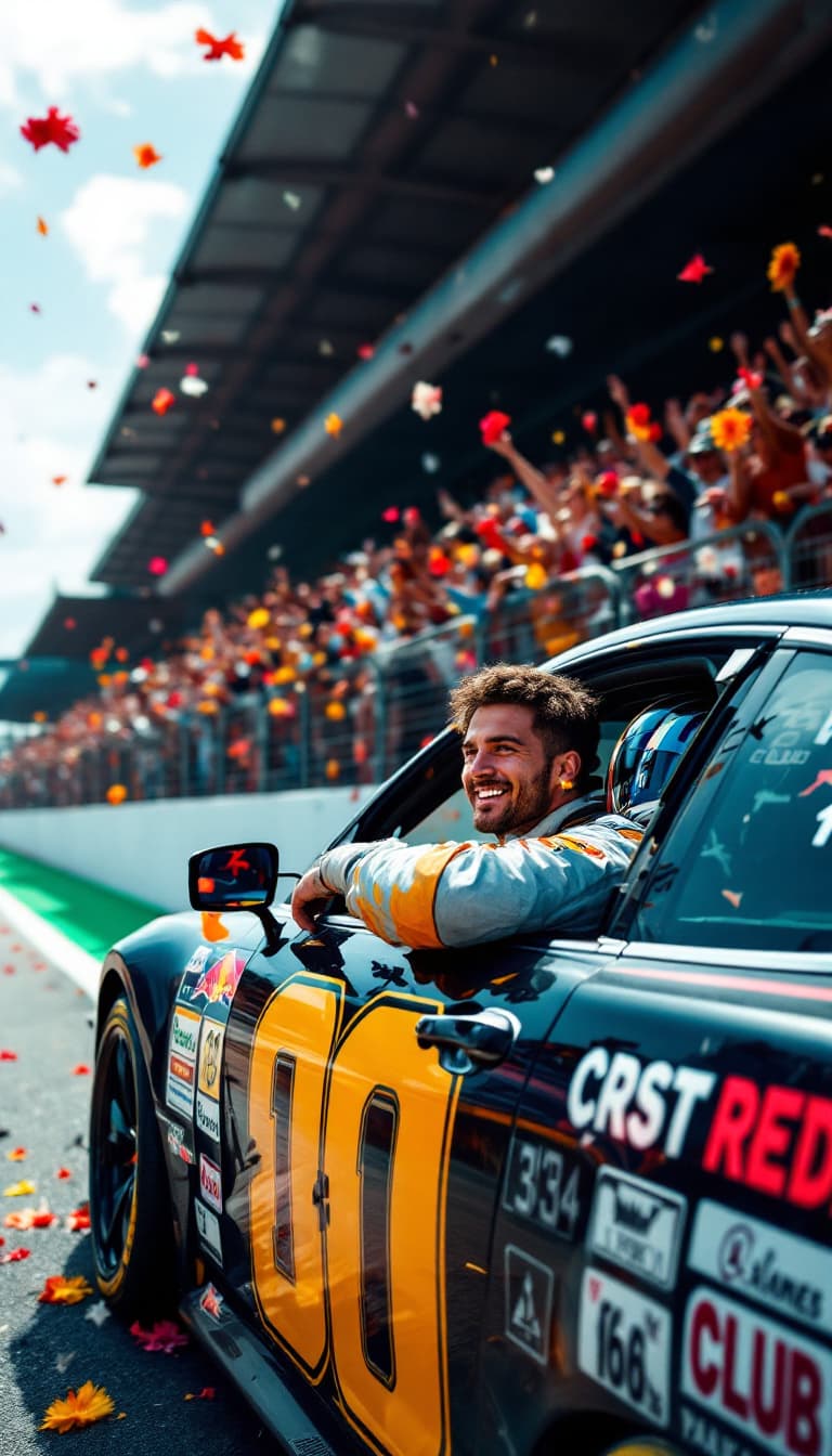AI generated: On the race track, on the Walk of Fame, a car with the logos of its club on the sides stops.  Fans i...