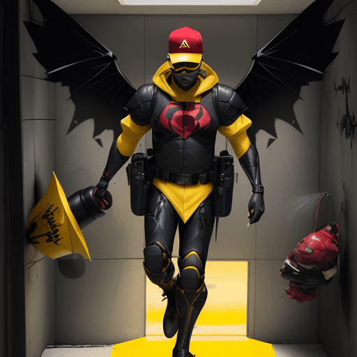 AI generated: A BLACKMAN in a red baseball cap backwards, yellow sunglasses, in a black and red dark knight detail...