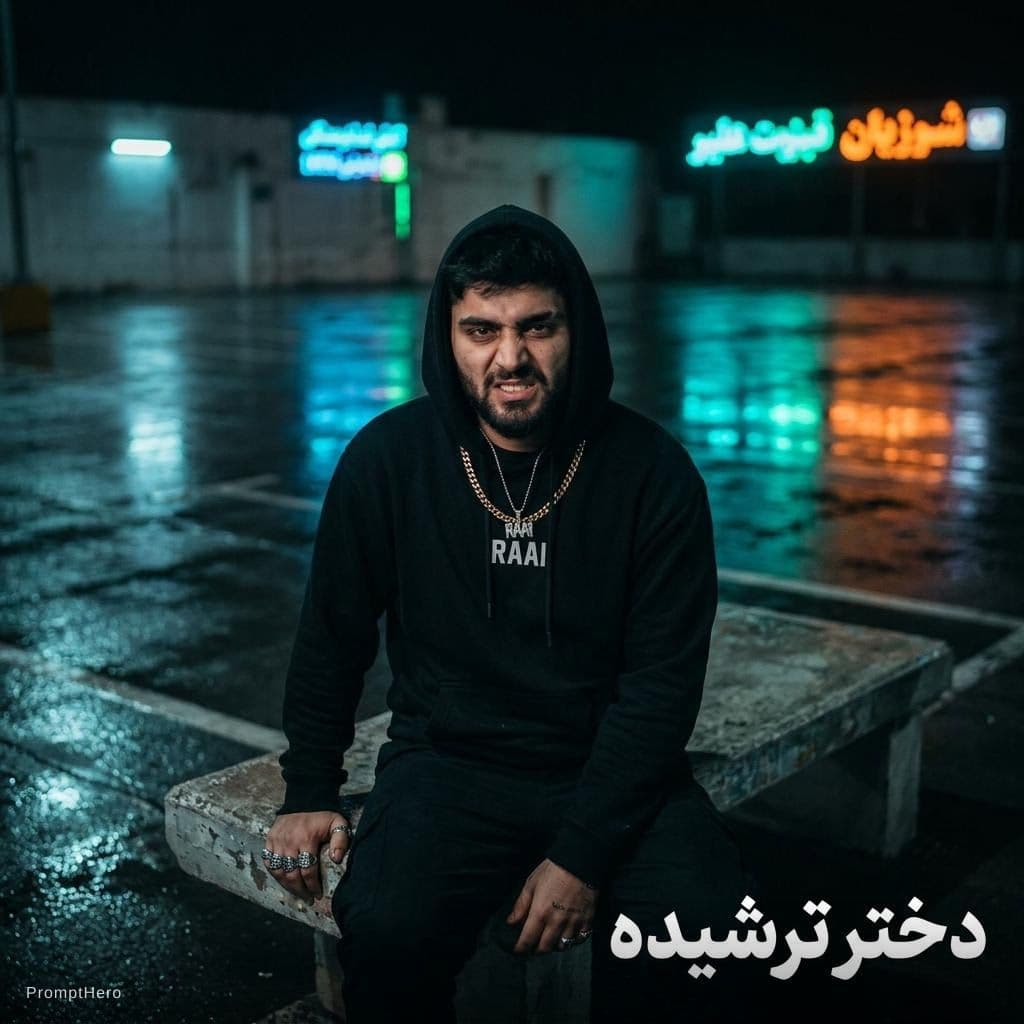 AI generated: Cover art for a rap song titled "Sour Girl" (دختر ترشیده). A young male rapper with a cold, bitter e...