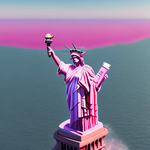 AI generated: Statue of Liberty wearing a pink fluffy fur coat, drone photo, 8k octane rendering, high resolution ...