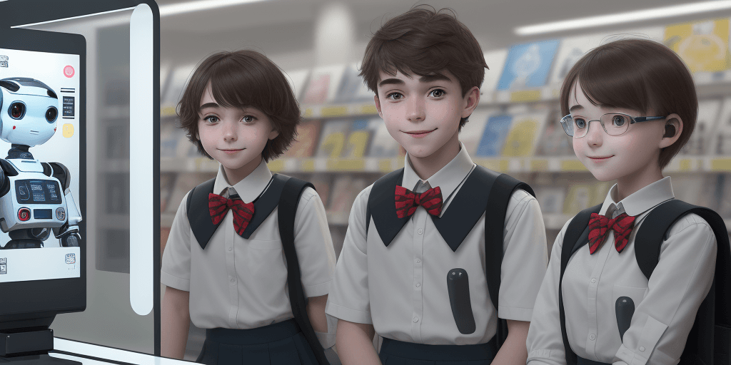 AI generated: two human boy and girl students, detail face, smile, wearing school uniforms, learning with a small ...