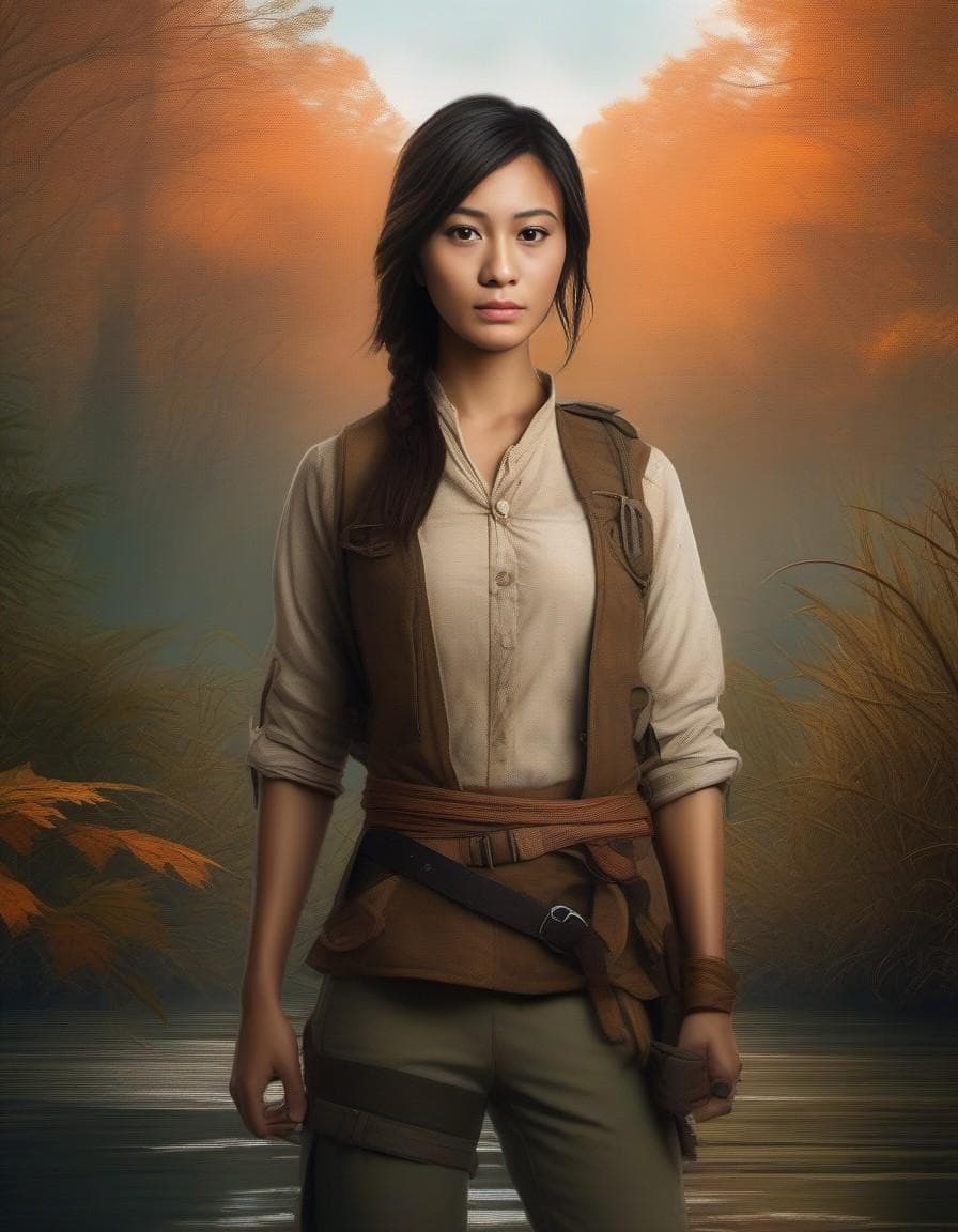 AI generated: close-up oic action key visual featuring a character on an epic adventure in the autumnal georgia sw...
