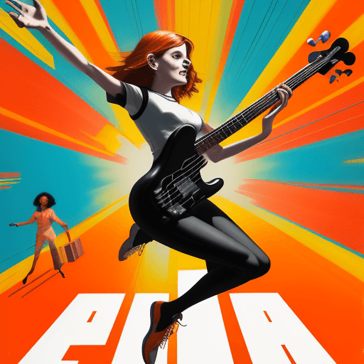 AI generated: A bassist in colorful clothes, standing facing us, jumping in the air by roblunda mccallum, in the s...
