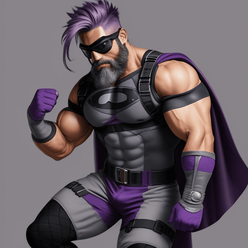 AI generated: muscular man, purple hair, black beard, superhero outfit, grey boots, grey gloves, purple goggles, 