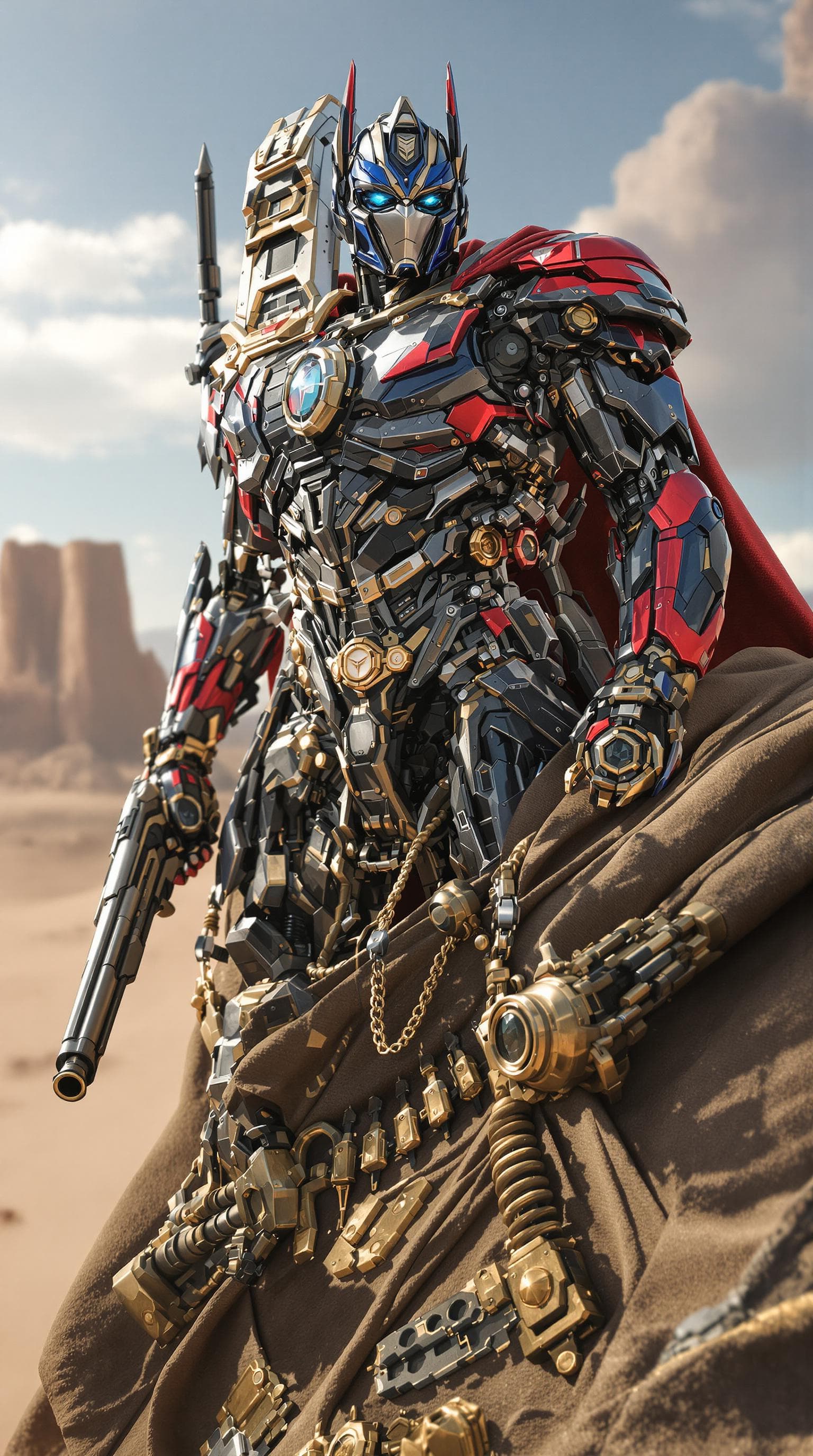 AI generated: A highly stylized photorealistic cinematic marvel and fantasy film wonder of Optimus Prime as a live...