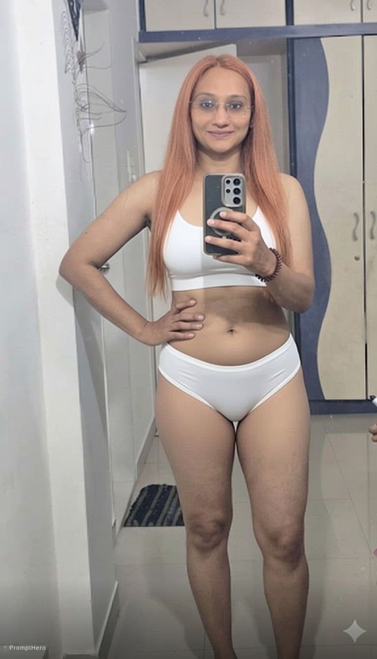 AI generated: Create image inpush up white bra and panty with long straight light red hair 