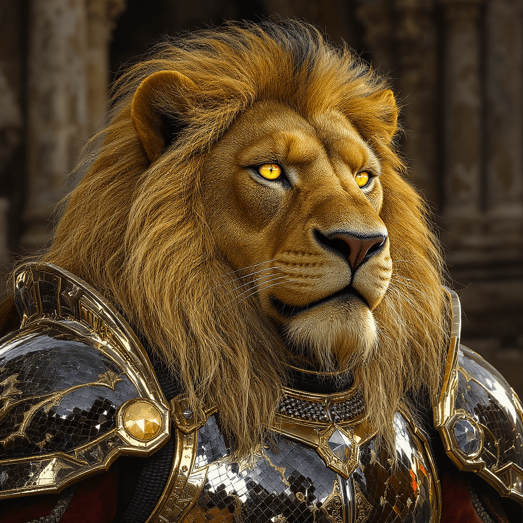 AI generated: gold lion in lanister armor in studded diamonds, in the background of the kingdom, dragonstone eyes,...