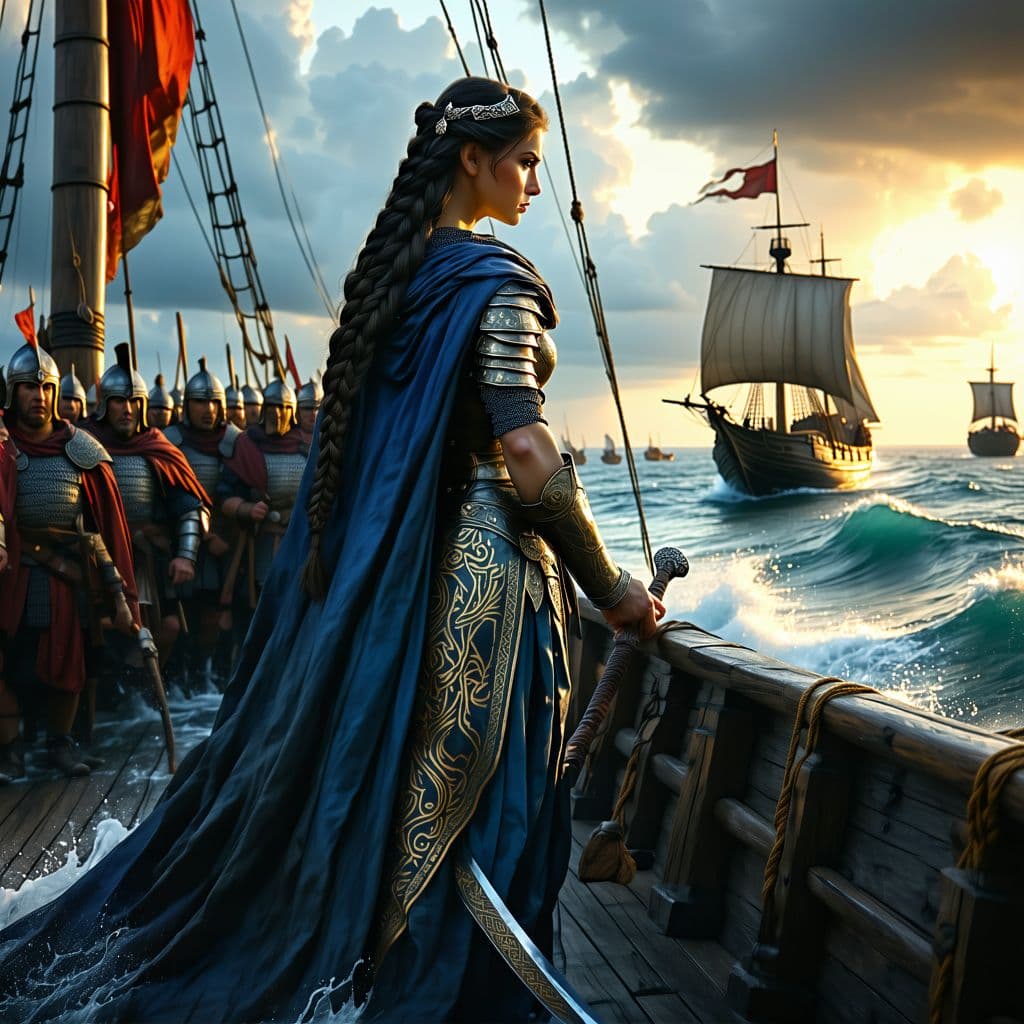 AI generated: Prompt: A powerful and determined Queen Teuta of Illyria stands at the prow of her warship, sailing ...