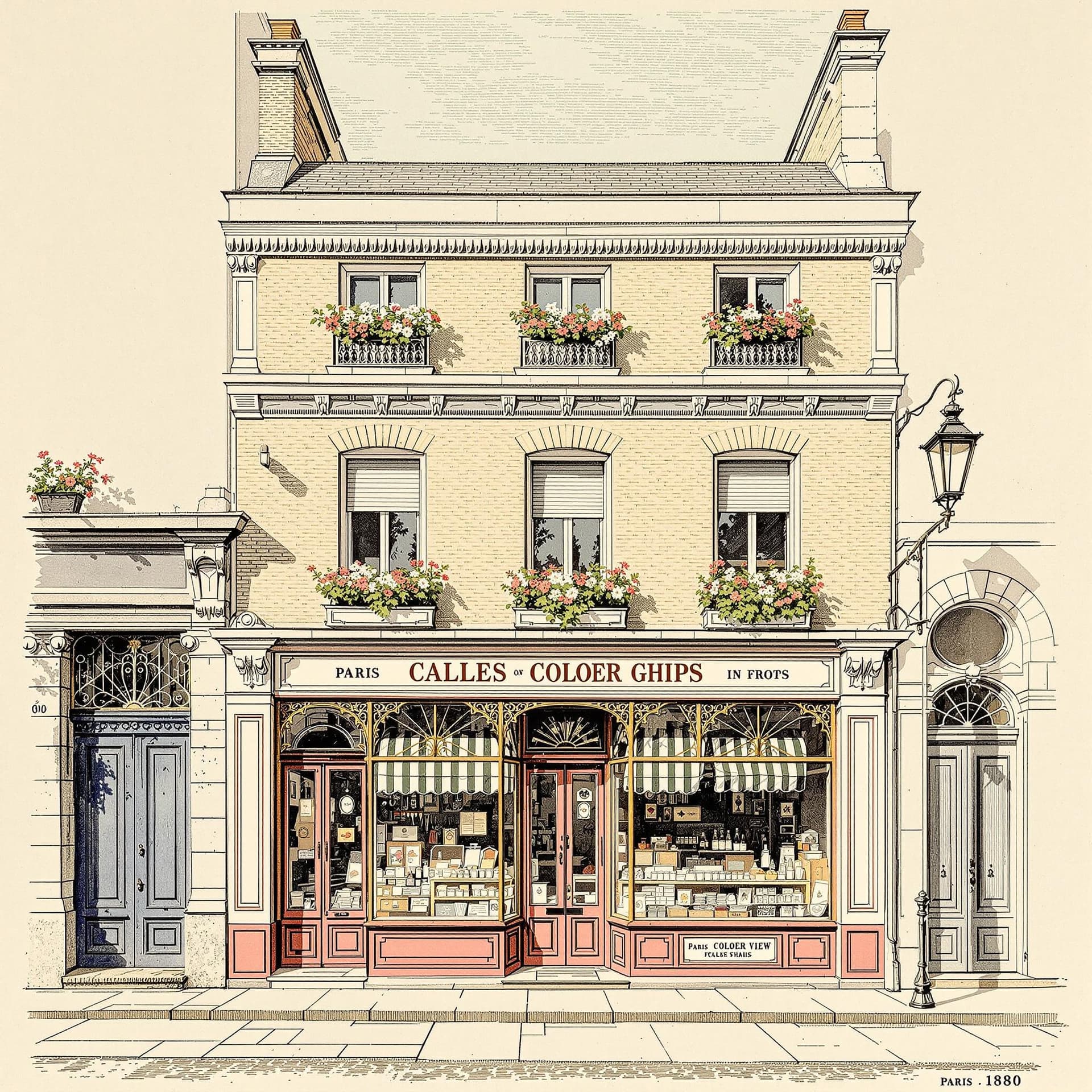 AI generated: Paris 1880, detailed color illustration, a facade of a little shop, front view, elevation, in colour...