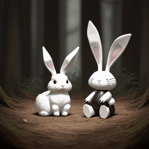AI generated: A loop ear black and white bunny laying next to a brown bunny in the forest 